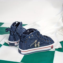 Women's Skull Zipper Denim Canvas Shoes Casual High Top Flat Shoes