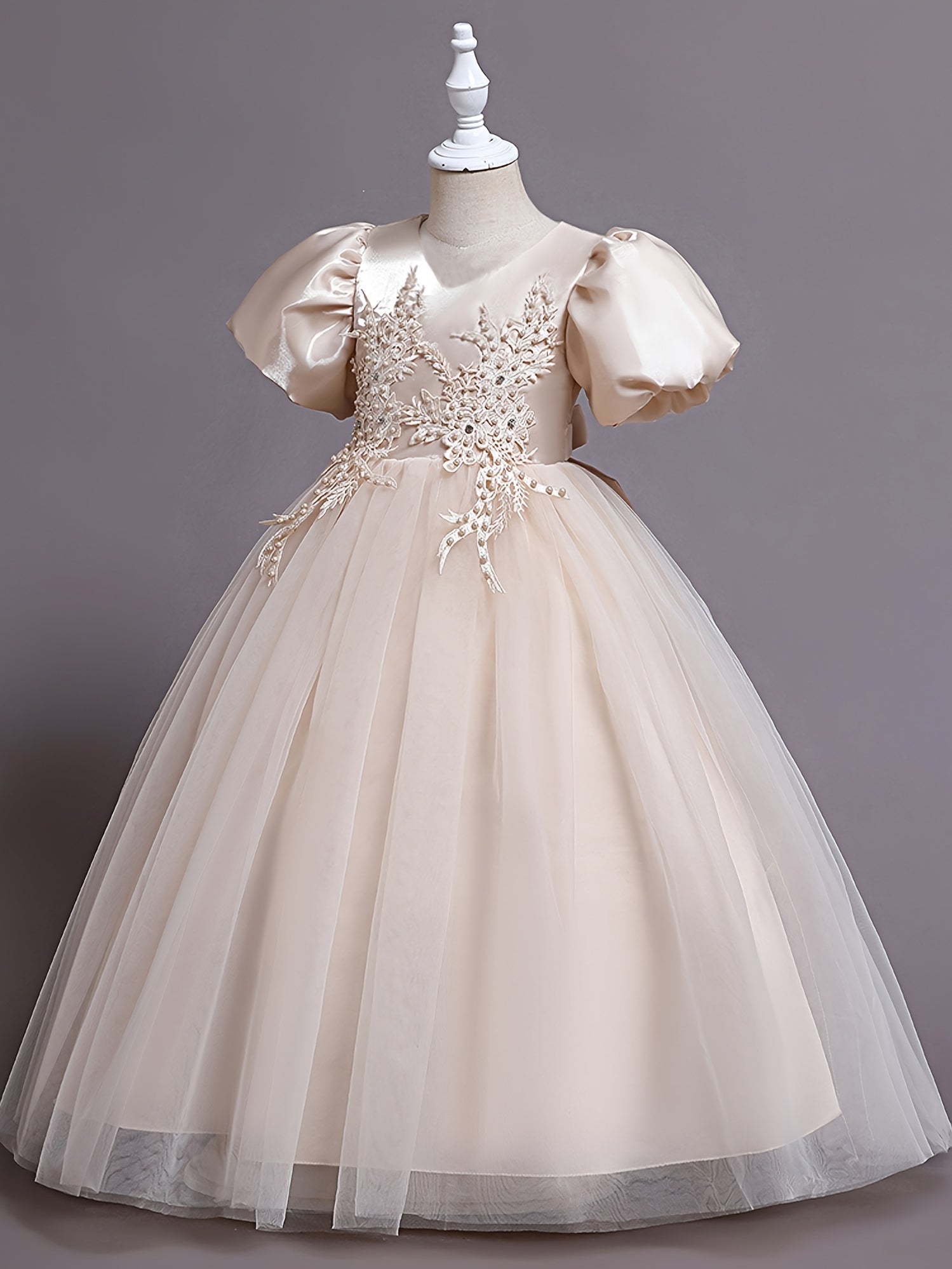 Girls Puff Sleeve Tulle Princess Dress Flower Embroidery Chinese Christmas Party