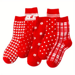 5 Pairs Christmas Graphic Print Mid Tube Women's Socks