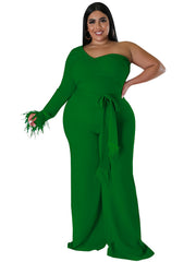 Solid Tassel Trim One Shoulder Jumpsuit Plus Size