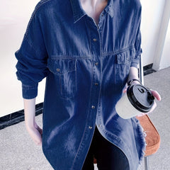 Women's Plus Casual Denim Blouse Solid Button Long Sleeve