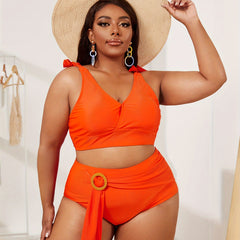 Vacay Bikini Set Solid V Neck Tie Shoulder Bra & Ruched Panty Swimsuit