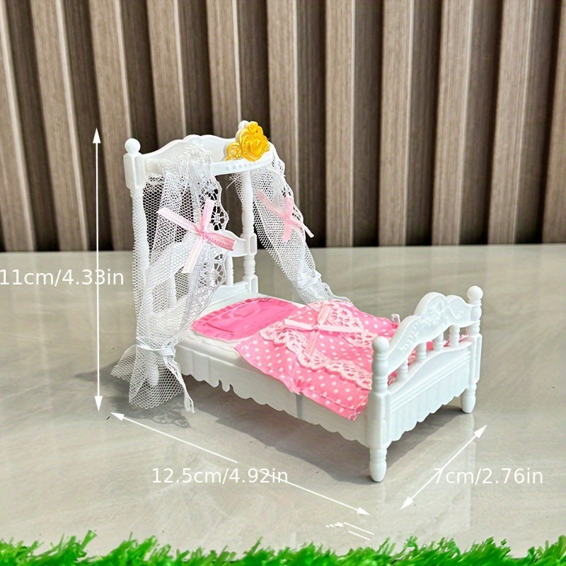 Mini Princess Bed with Canopy & Lace Curtains Dollhouse Furniture for Girls