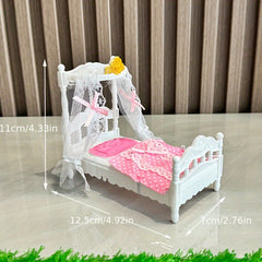 Mini Princess Bed with Canopy & Lace Curtains Dollhouse Furniture for Girls