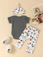 Nugget Print Short Sleeve Onesie & Hen Graphic Pants & Hat Baby's Set
