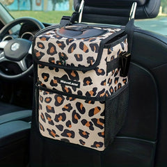 Leopard Print Car Seat Garbage Bin Foldable Trash Storage Pocket