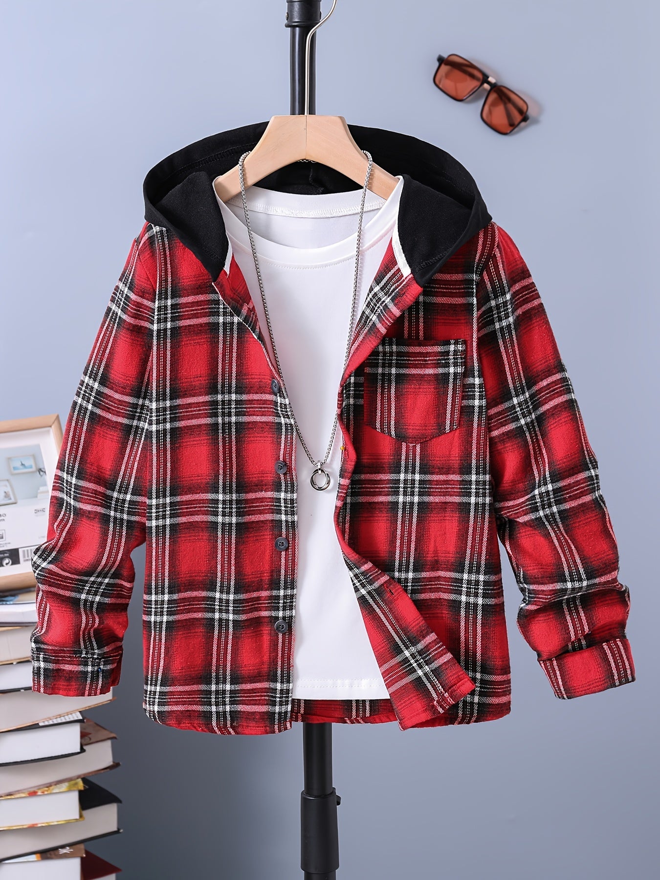 Boys Plaid Hooded Shirts Long Sleeve Button Down Hoodie Tops