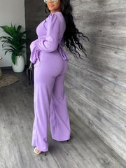 Surplice Neck Long Sleeve Top & High Waist Wide Leg Pants Set