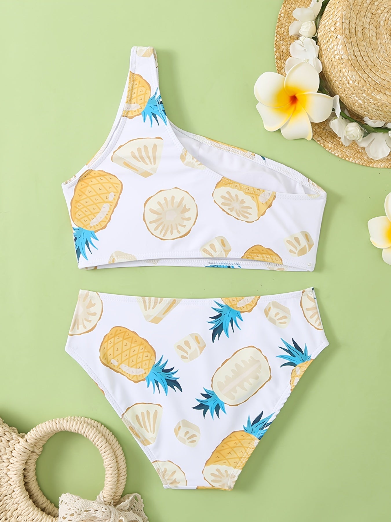 2pcs Pineapple Cold Shoulder Swimsuit Girls
