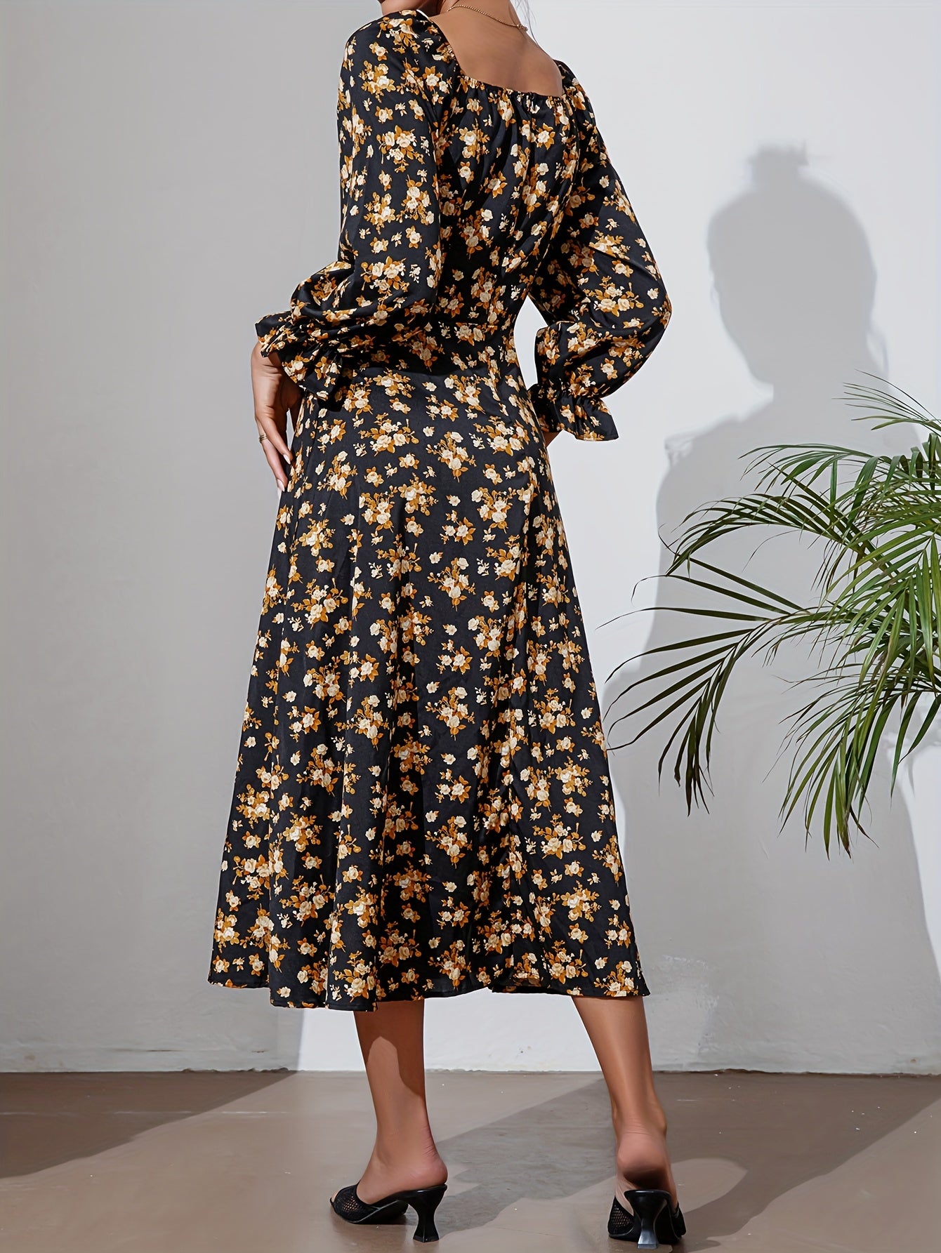Floral Split Thigh Dress Long Sleeve Squared Neck