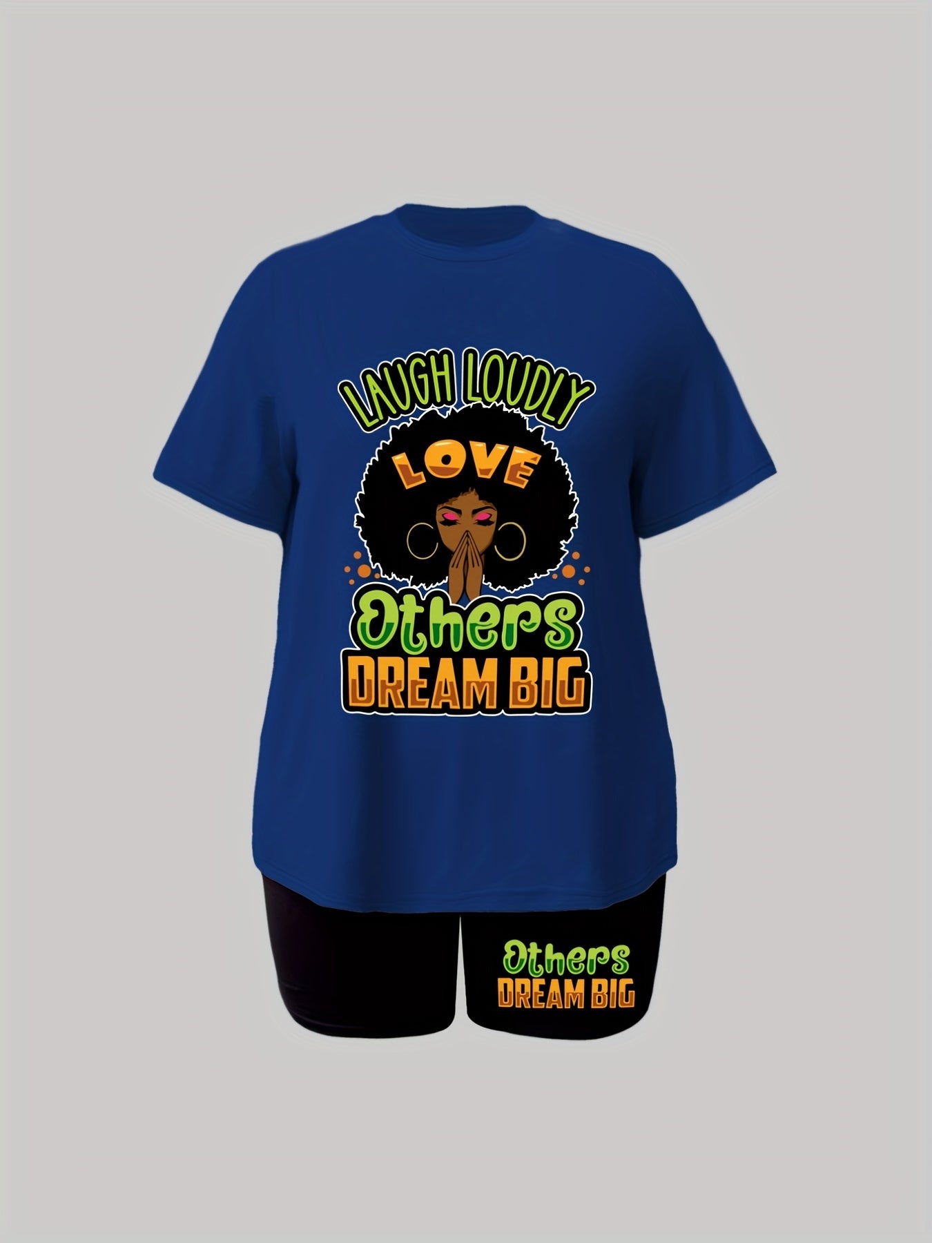 Women's Plus Figure & Slogan Print Top & Shorts Set