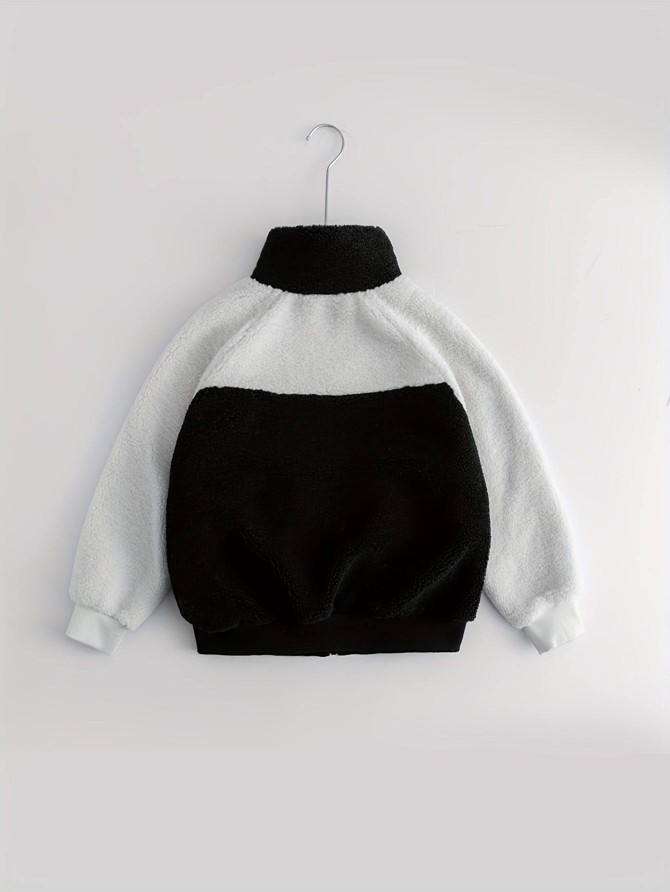 Boys Fuzzy Fleece Jacket Letter Patchwork Stand Collar Kids Warm Zipper Coat