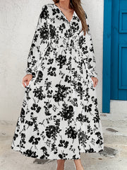 Floral Shirred Waist Maxi Dress Surplice Neck Lantern Sleeve