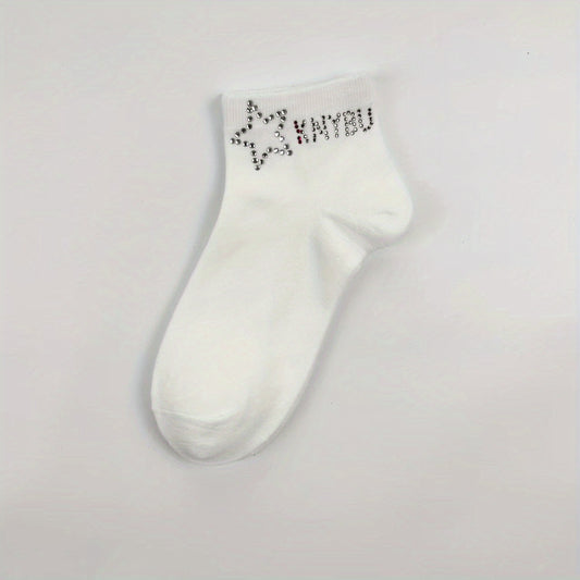 Star & Letter Rhinestone Crew Socks for Women