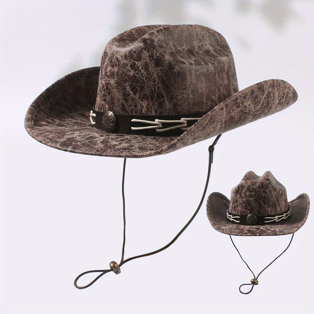 Vintage PU Leather Cowboy Hat Western Fedora Cap