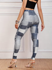 Block Stitching Faux Denim Yoga Pants