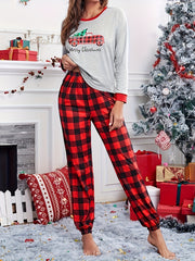 Plaid Print Christmas Pajama Set Long Sleeve Top & Pants Women's Sleepwear