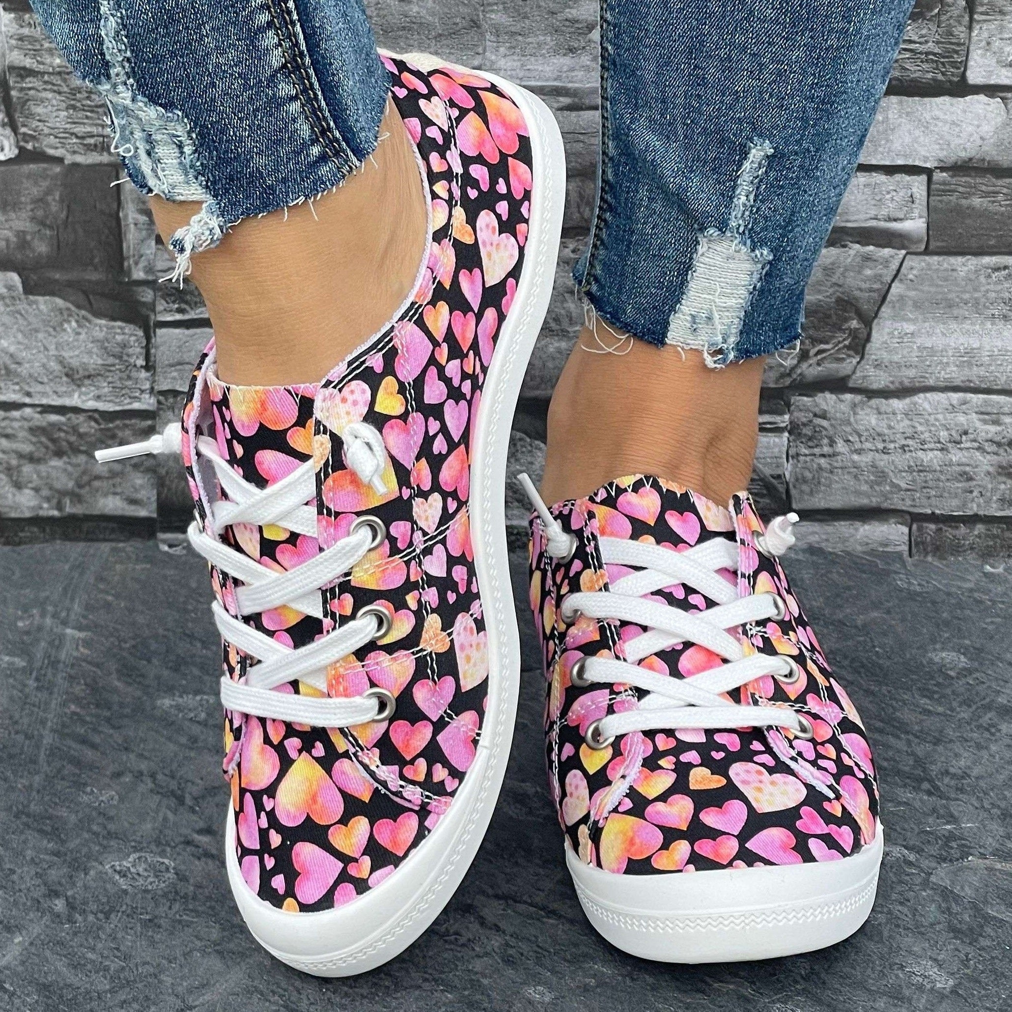 Love Heart Pattern Flat Shoes Slip On Casual Lightweight Soft Comfortable Walkin