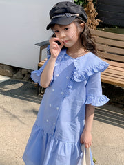 Girl's Cotton One piece Dress Button Decor Short Sleeve Crew Neck Dress