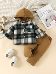 Plaid Hoodie Set Long Sleeve Top & Pants For Baby Boys