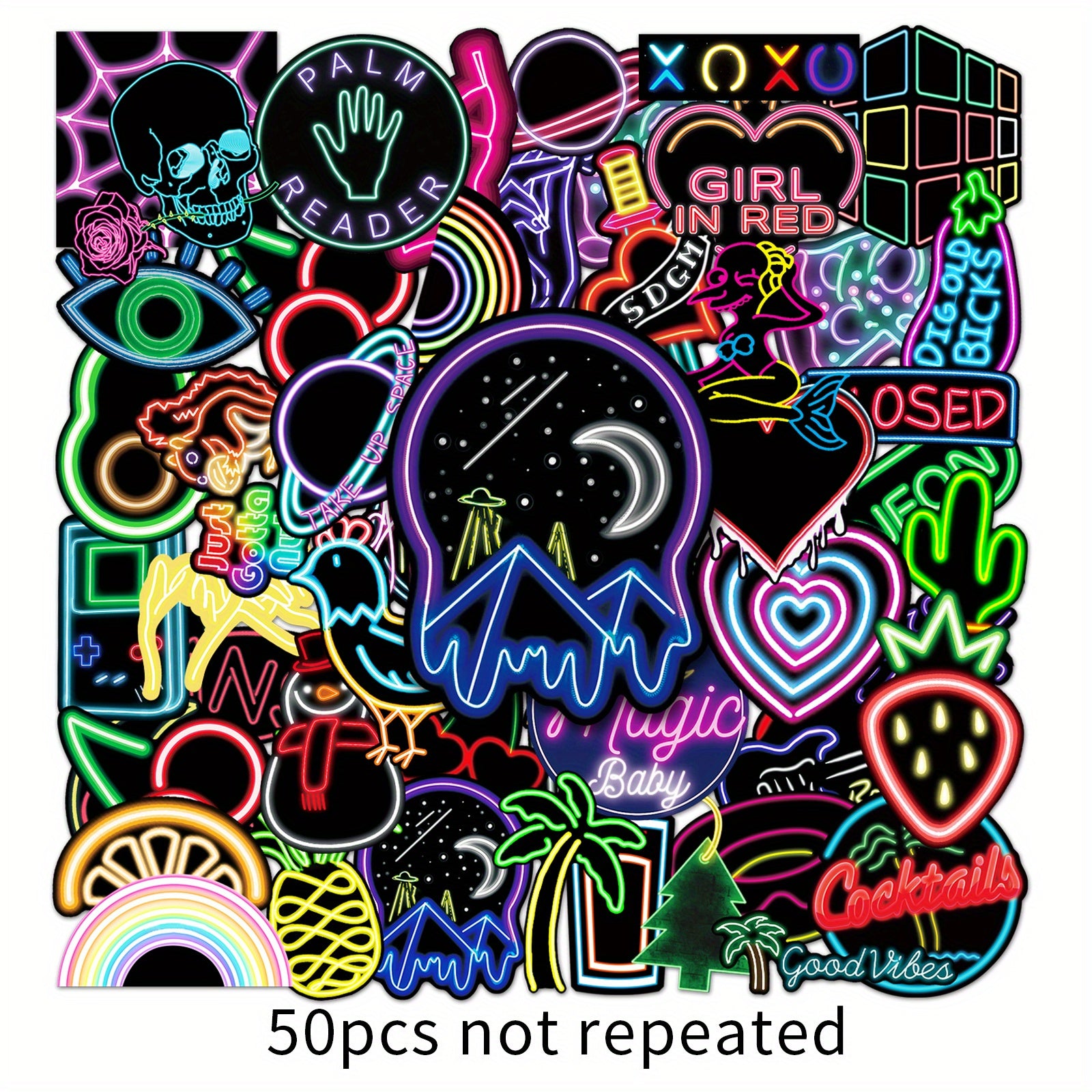 50pcs Neon Pattern Waterproof Stickers for Water Bottles Laptop Luggage