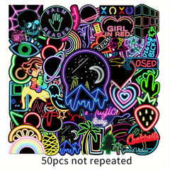 50pcs Neon Pattern Waterproof Stickers for Water Bottles Laptop Luggage