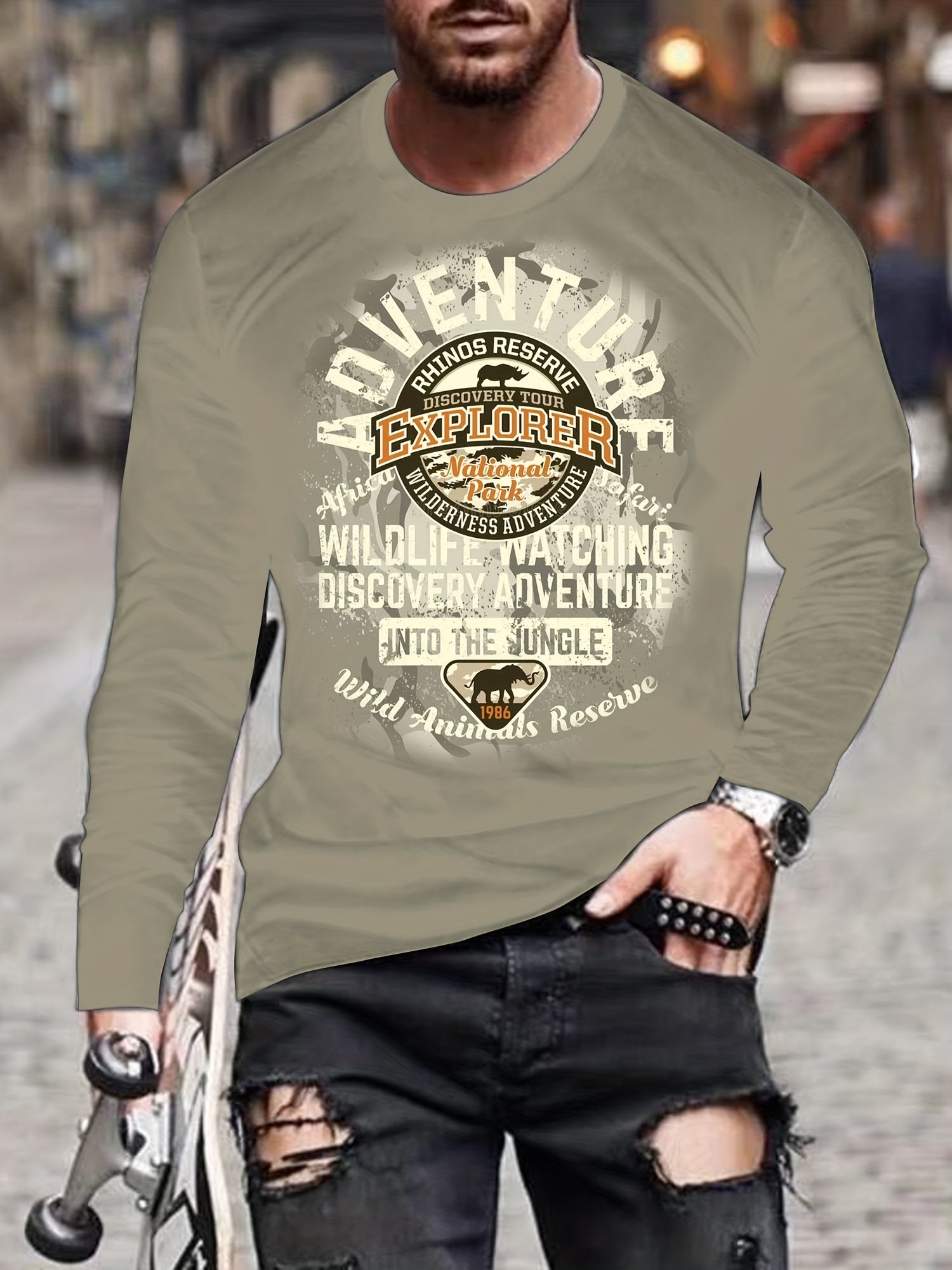 Vintage 'EXPLORER' Letters Print Men's Graphic Round Neck T-shirt