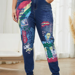 Graphic Print Button Fly Stretch Jeans