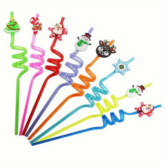 8pcs Reusable Christmas Curved Straws Cup Decorations 8 Random Colors