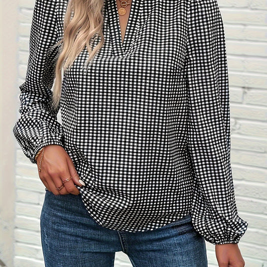 Plaid Print Lantern Sleeve V Neck Shirt Top