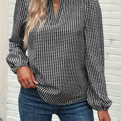 Plaid Print Lantern Sleeve V Neck Shirt Top