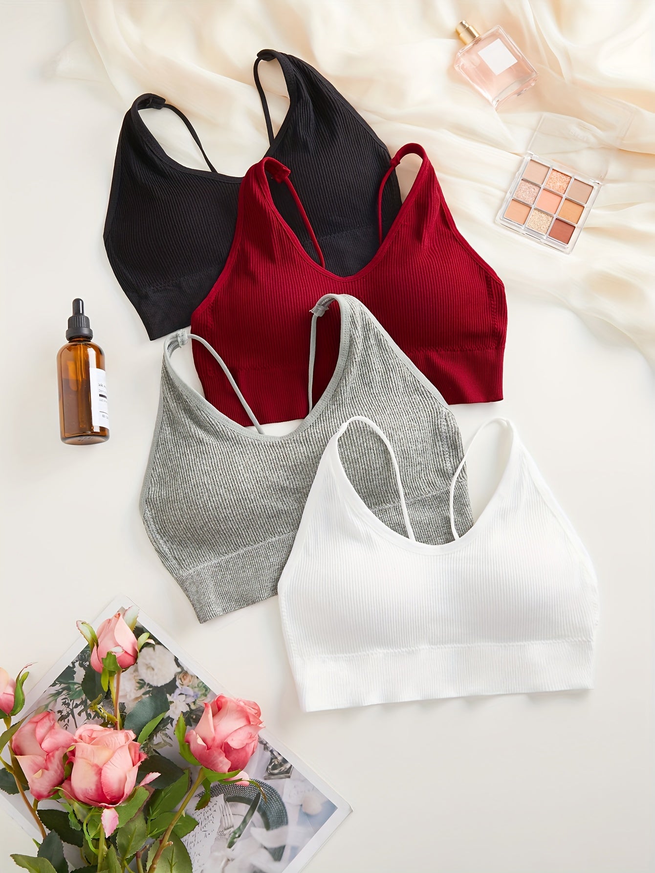 4pcs Ribbed Wireless Bras Comfy & Breathable Intimates Bra