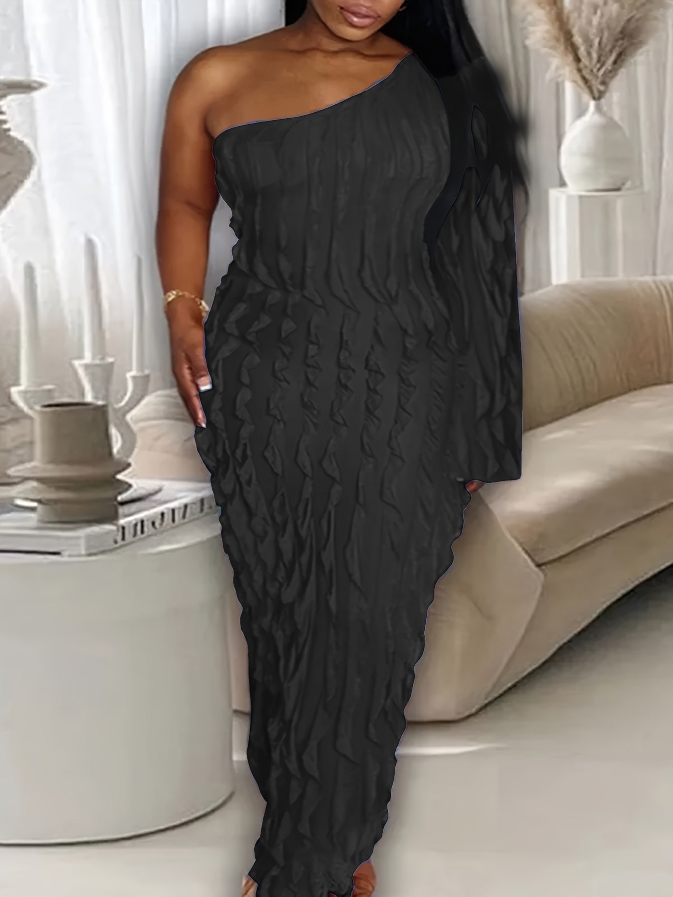 Party Dress Solid Ruffle Trim Bodycon Midi Dress