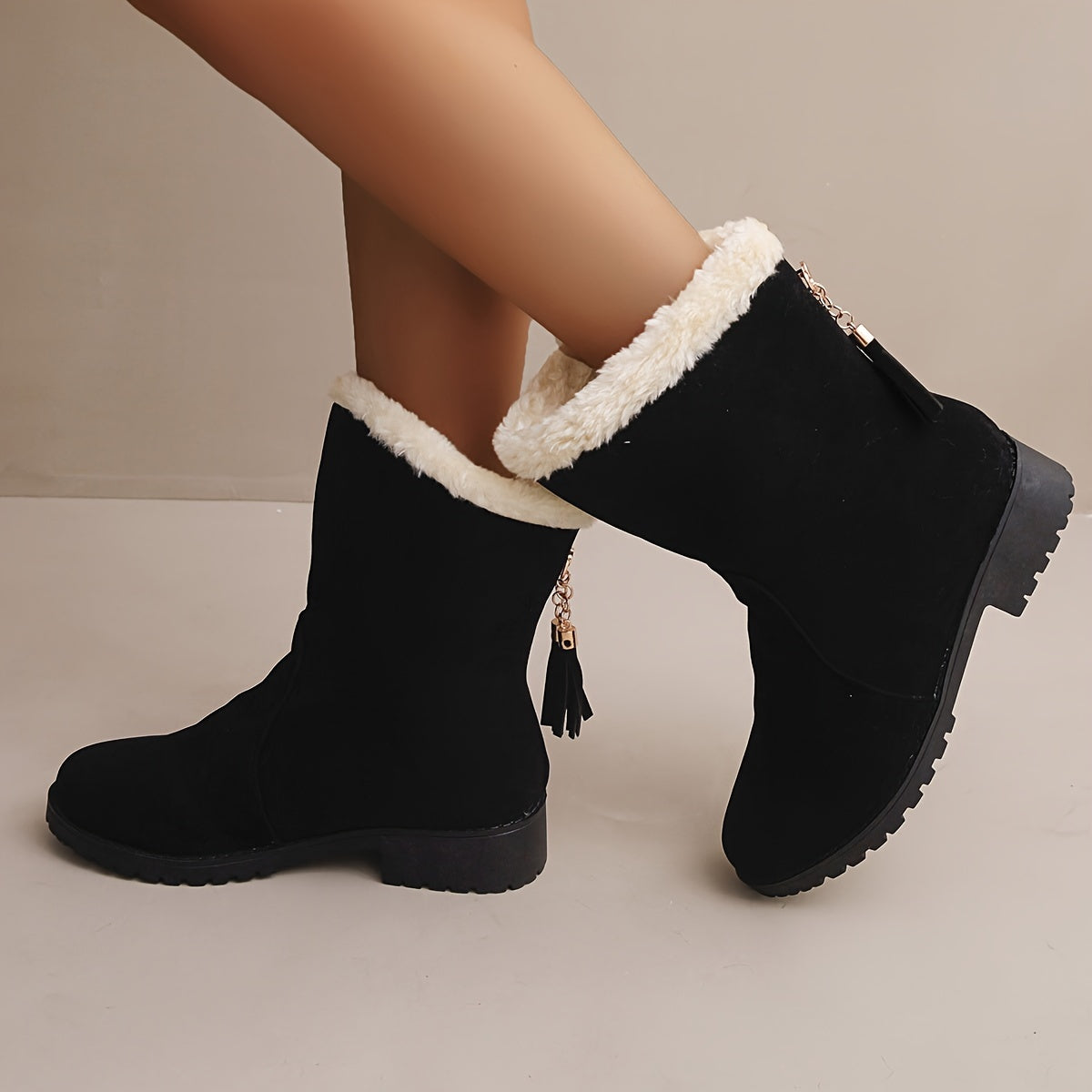 Women's Winter Snow Boots Tassel Plush Inner Low Heel Mid Calf Boots