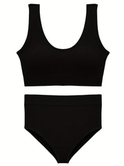 Comfy Sports Bra & Panties Set, Wireless Tank Bra & Elastic Panties
