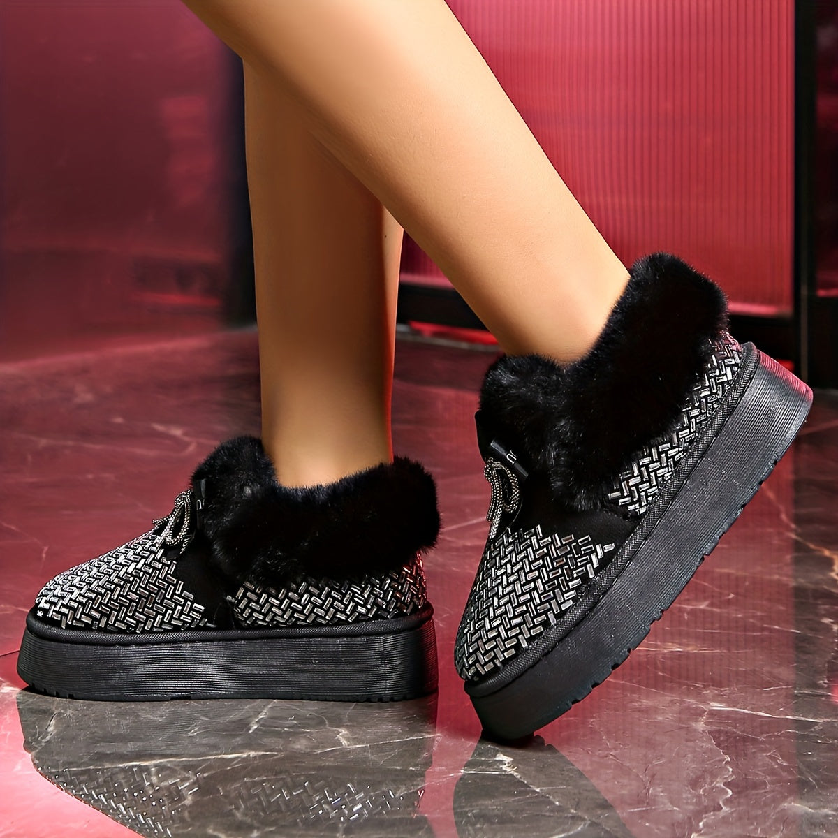 Bowknot Decor Rhinestone Glitter Snow Boots Thermal Fall Winter Warm