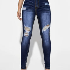 High Rise Ripped Thigh Skinny Jeans Dark Denim Pants