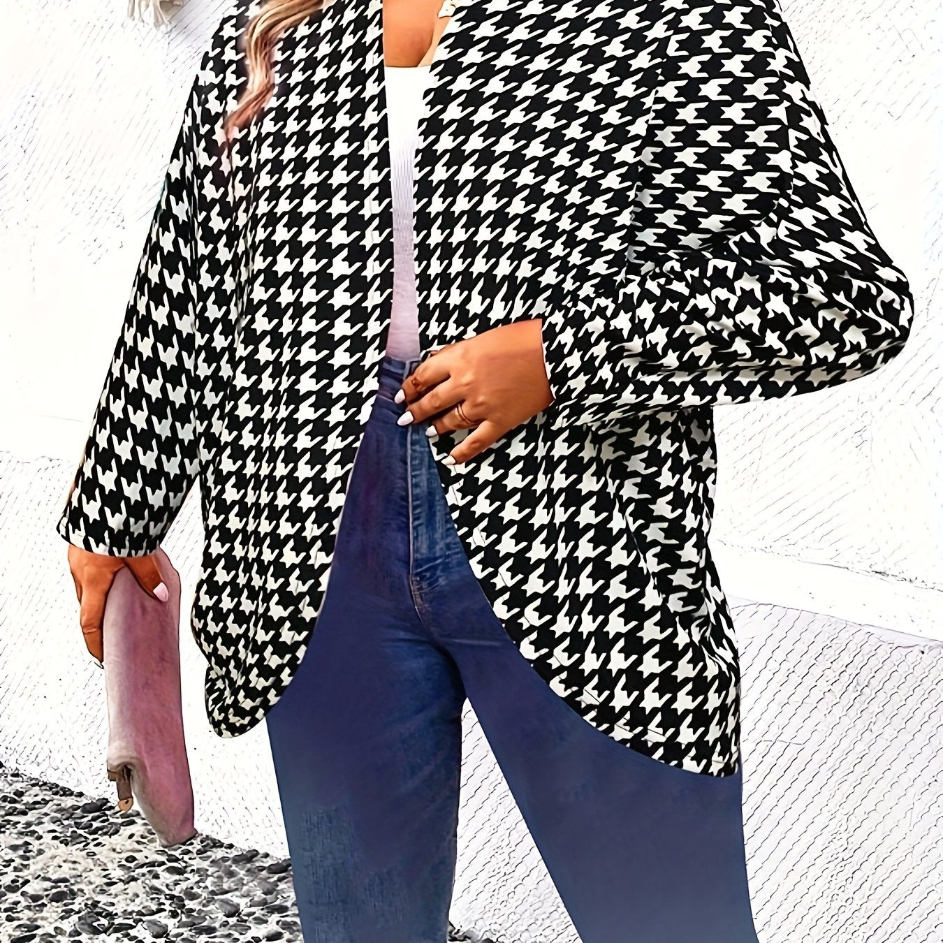 Houndstooth Print Batwing Sleeve Cardigan