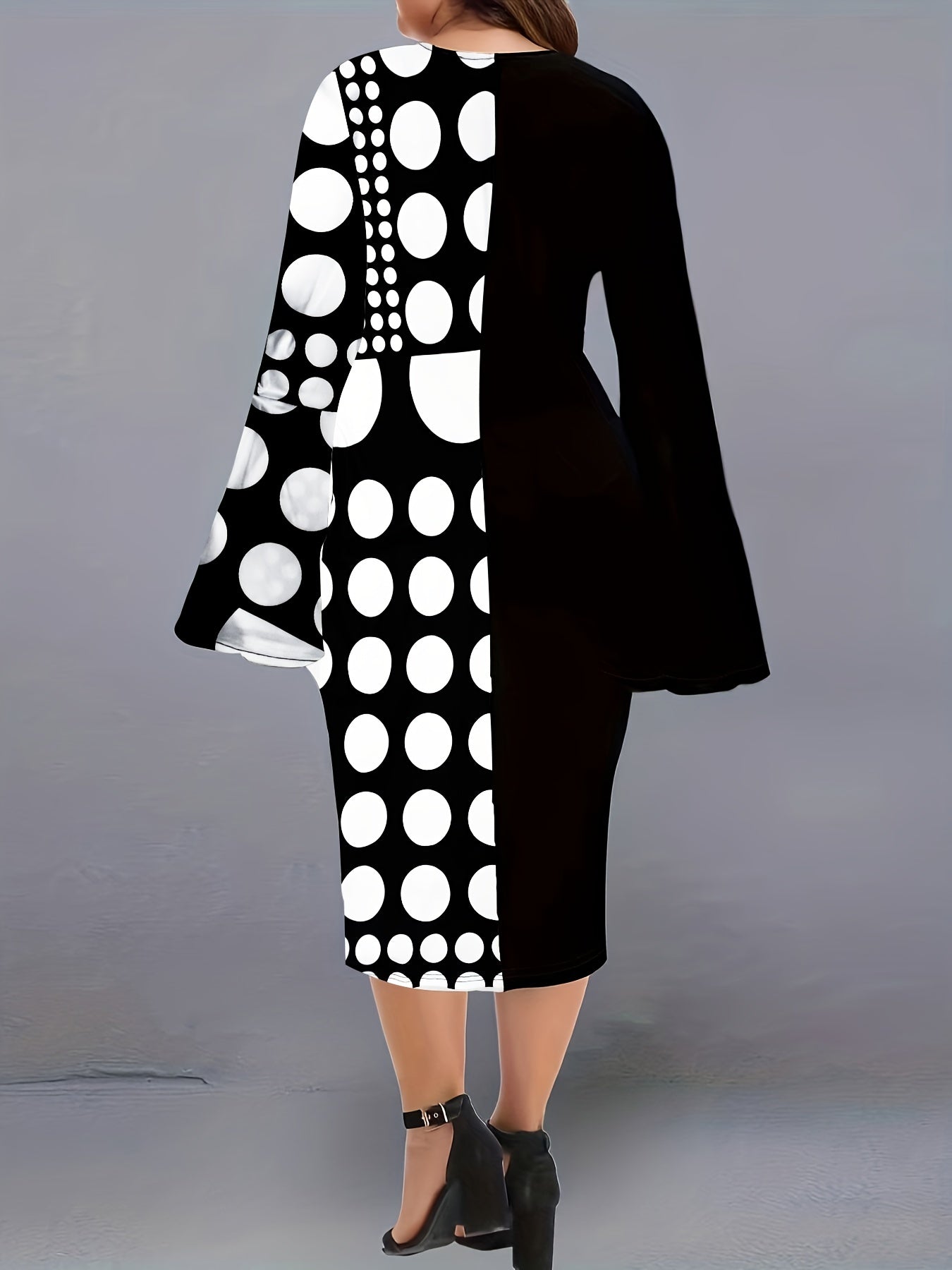 Colorblock Dot Print Bell Sleeve Bodycon Dress