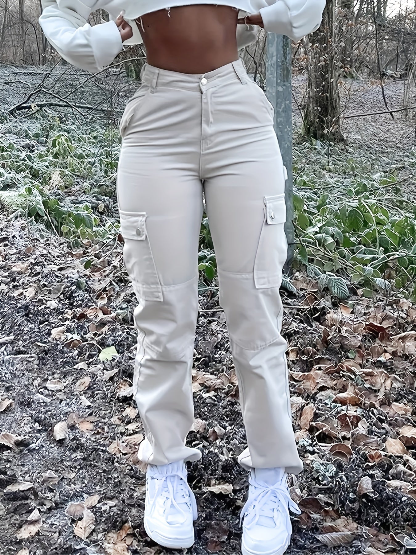 Y2K High Waist Cargo Pants - Solid Slim Fit - Casual Wide Leg