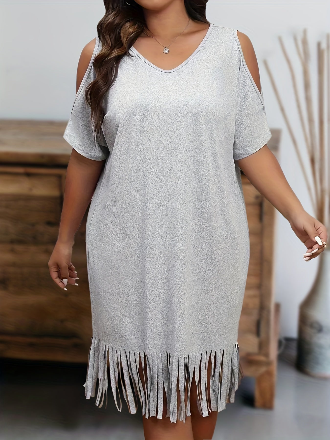Punk Dress Women's Plus Cold Shoulder V Neck Fringe Trim Dress