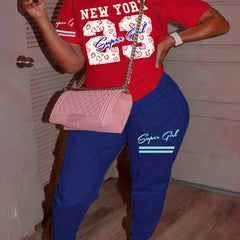 Letter Print Casual Two piece Set Crew Neck Short Sleeve Tops & Slim Pants