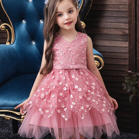 Girls Princess Dress Sleeveless Flower Embroidery Mesh Tutu Dress