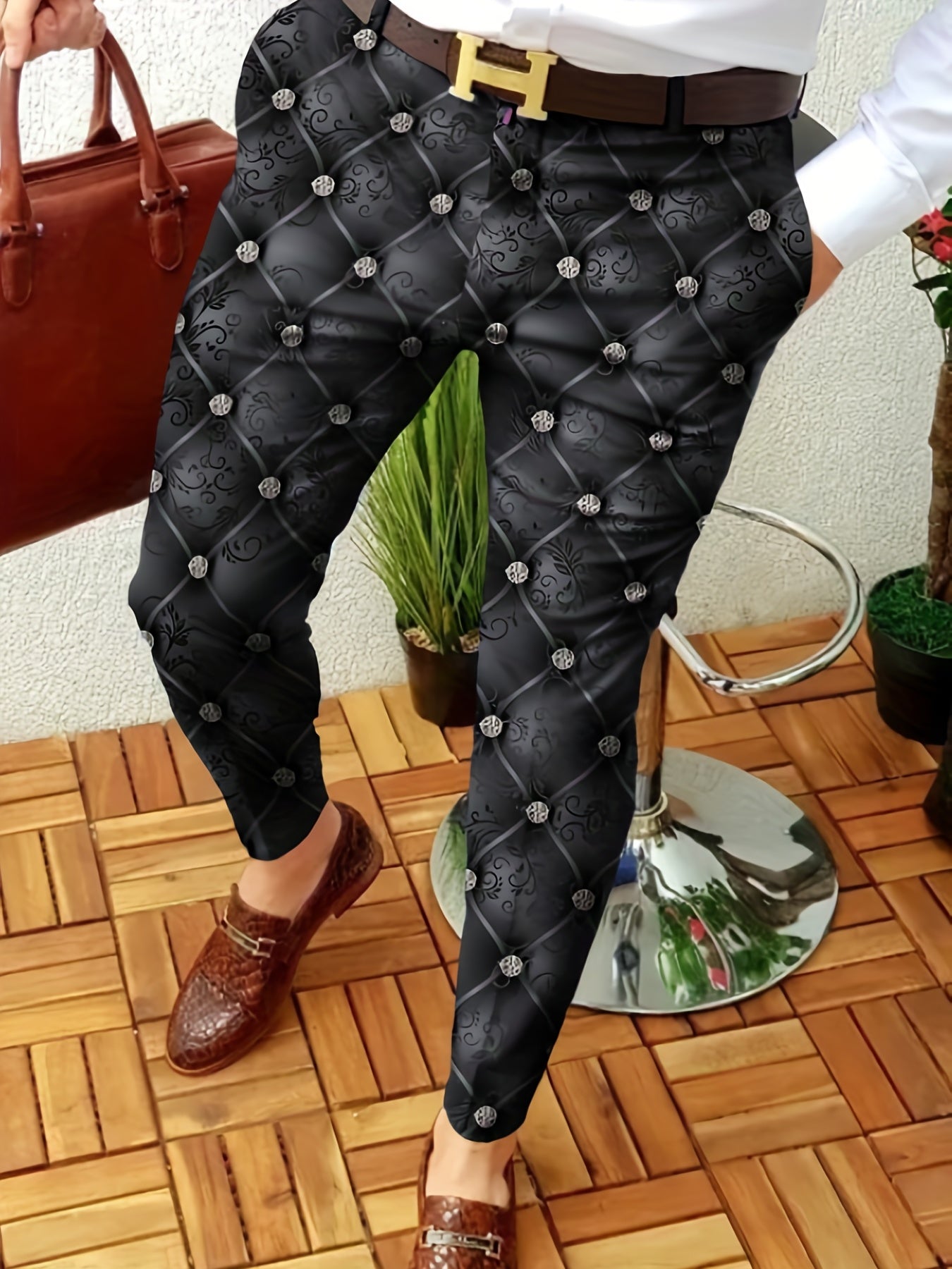 Geometric Print Slacks Men's Vintage Slightly Stretch Dress Pants