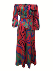 Abstract Print Two Piece Skirt Set Off Shoulder Crop Top & High Split Skirt