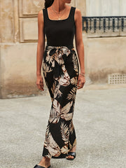 Tropical Print Belted Wide Leg Jumpsuit Boho Sleeveless Jumpsuit