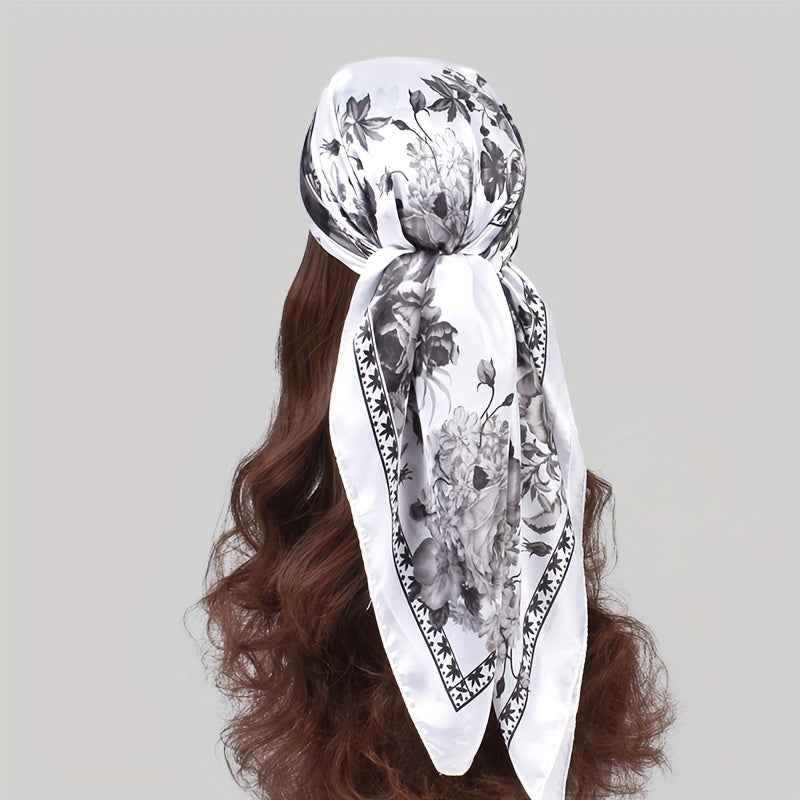 Peony Print Square Scarf Satin Shawl Silk Head Wrap Hair Accessory