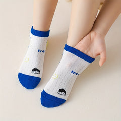 5 Pairs Kids Cartoon Smile Face Boat Socks, Breathable Cotton Short Socks