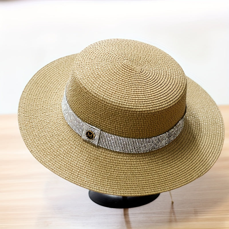 Rhinestone Strap Decor Sun Hat M Label Flat Top British Travel Beach Hat Women