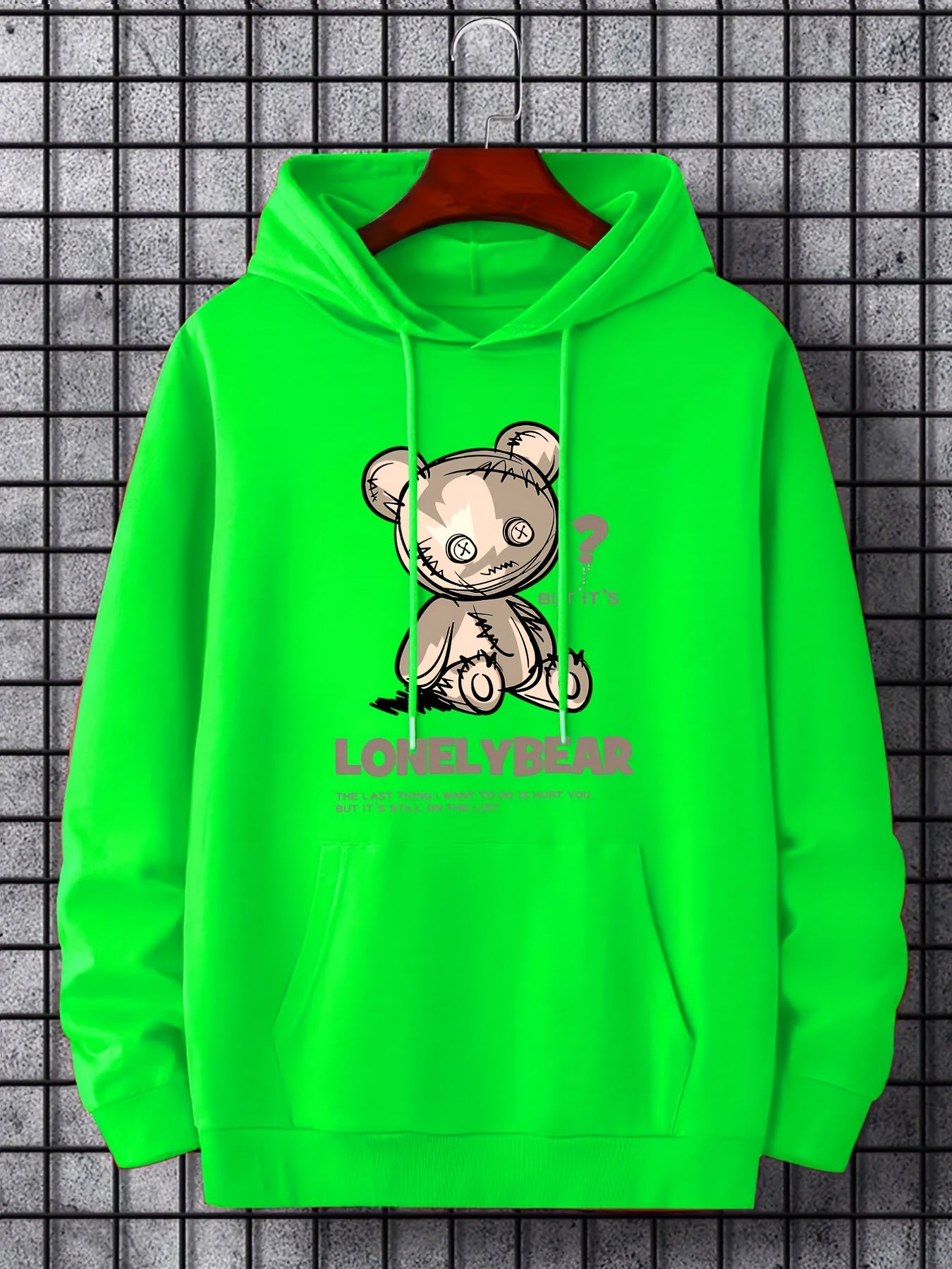 Lonely Bear Print Hoodie Pullover Sweatshirt Men Streetwear